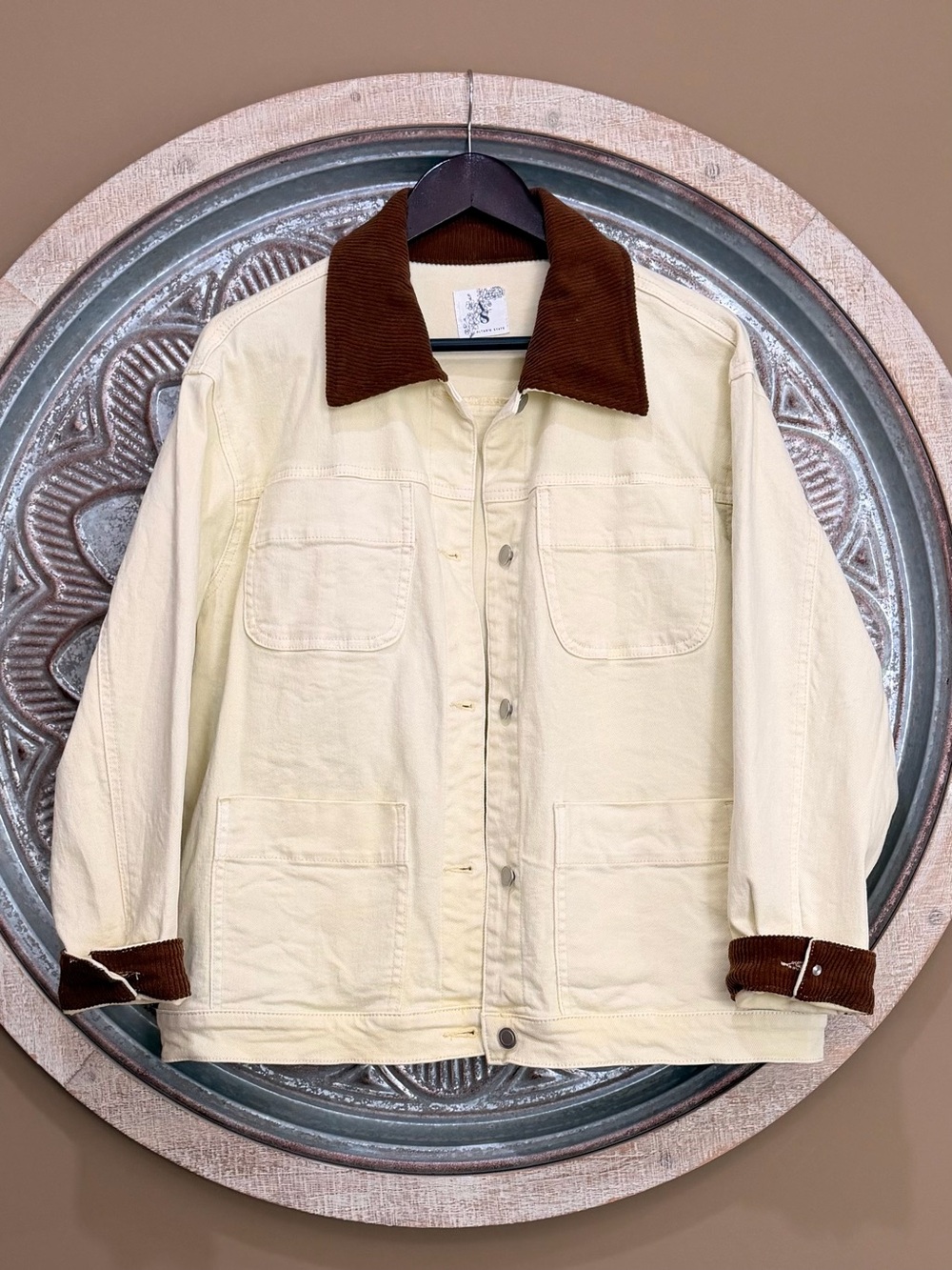 Altar'd State Butter Yellow Barn Jean Jacket with Brown Corduroy Collar - Picture 6 of 6